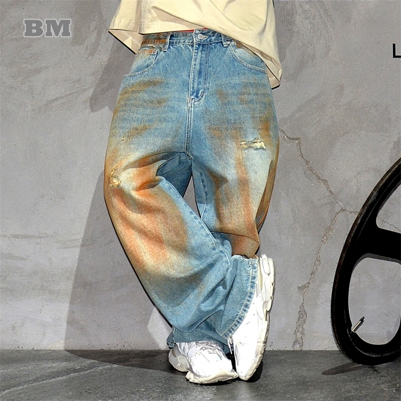 Korean clothing hip-hop bag jeans mens clothing Kpop Distressed Ripped denim cargo pants street clothing mens clothing 240829
