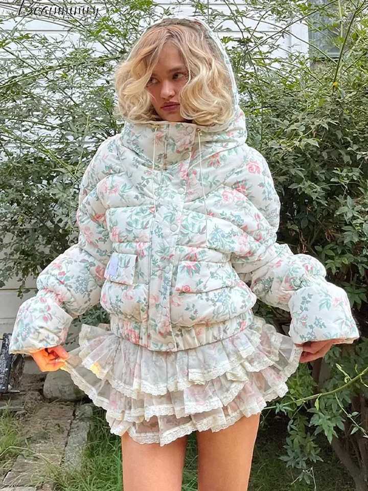 Women's Down Parkas Swt printed multi-color womens cotton jacket with hat long Slve zipper pocket womens coat 2023 winter thick womens coat Y2408
