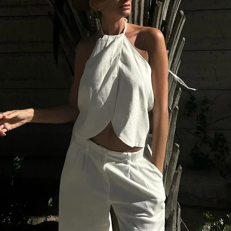2024 Summer Womens Sexy Two Piece Set with Strap Up Neck Hanging Sleeveless Top and Wide Leg Pants 240829