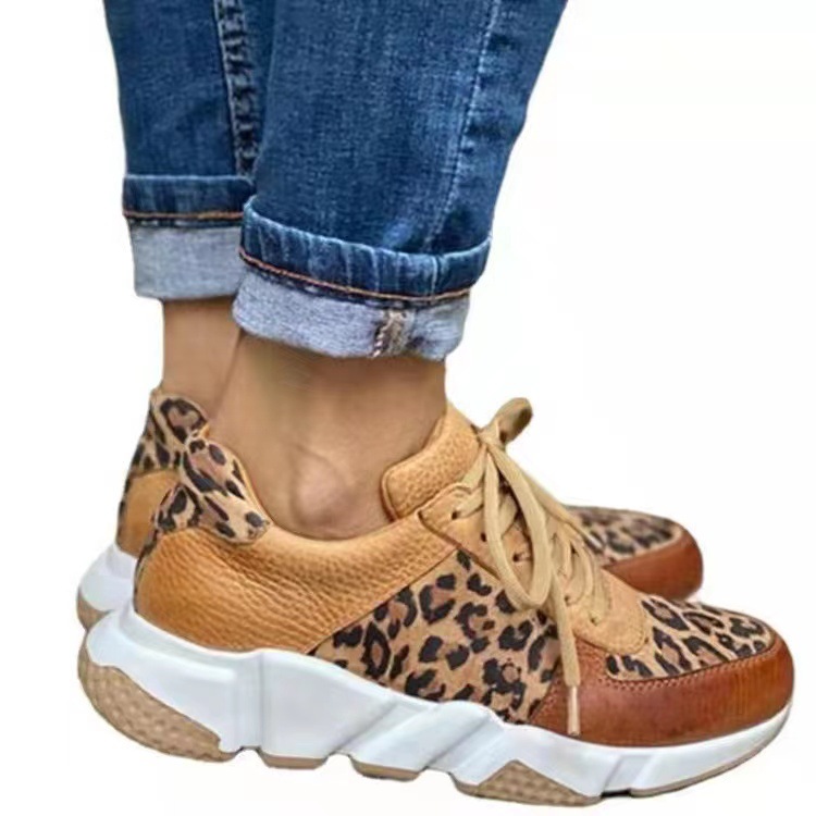 Platform Sneakers Women 2023 Round Toe Low-top Leopard Wedge Shoes Women's Lace Up Socofy Casual Sports Shoes