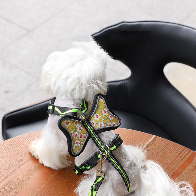 Pet Harness and Leash Set Vest Style Printed Cat & Small Dog Safety Anti-breakaway Harness and Leashes with Cute Bow Decoration