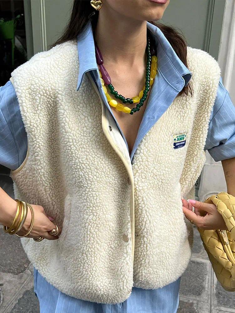 CNLONGBIDA Womens Vests 2024 Autumn Casual High Street Chic Lamb Wool Single Breasted Pocket Vest Women Loose V Neck Sleeveless