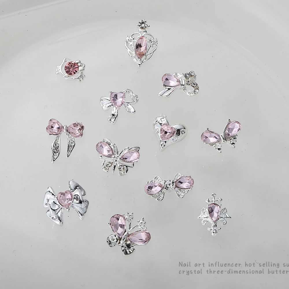 10 Zircon Pink Nail Art Charm 3D Luxury Bow Heart Butterfly Inlaid with Pink Diamond Water Diamond Decoration DIY Handle Parts W240829