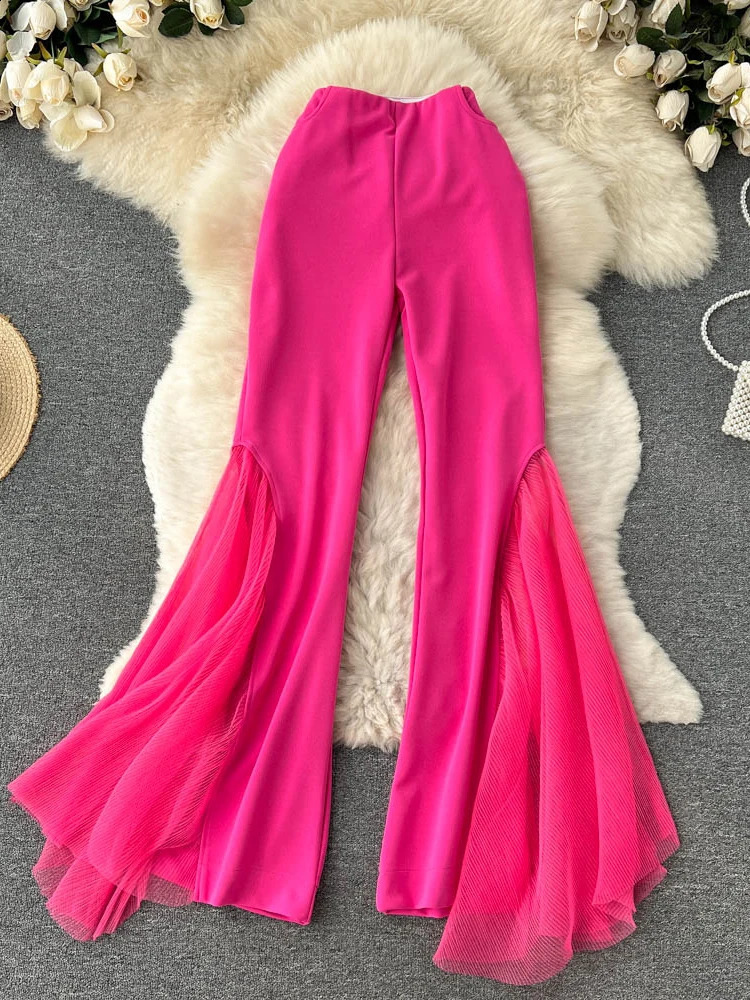 Mesh splicing Y2k womens pants for spring high waist solid wide leg Flare fashionable and casual 240827