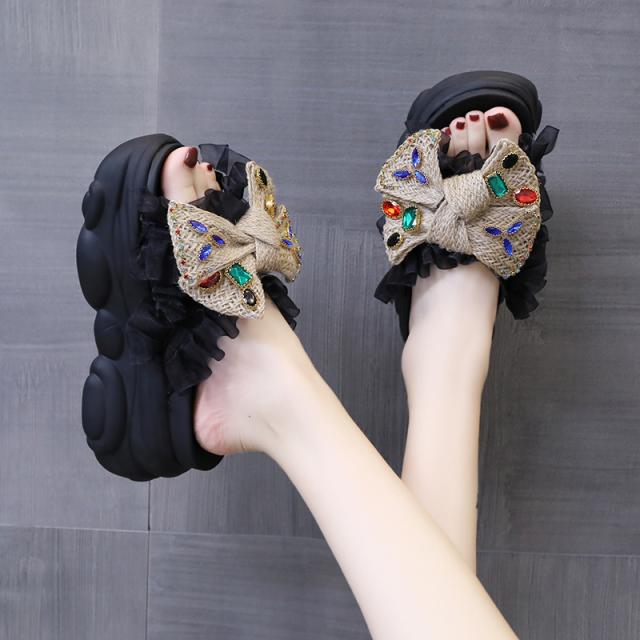 Low Sandals Woman Leather Large Size Low-heeled Big Fabric Rome Slides PU Hoof Heels Rubber Large Size Low Sandals Woman Leather