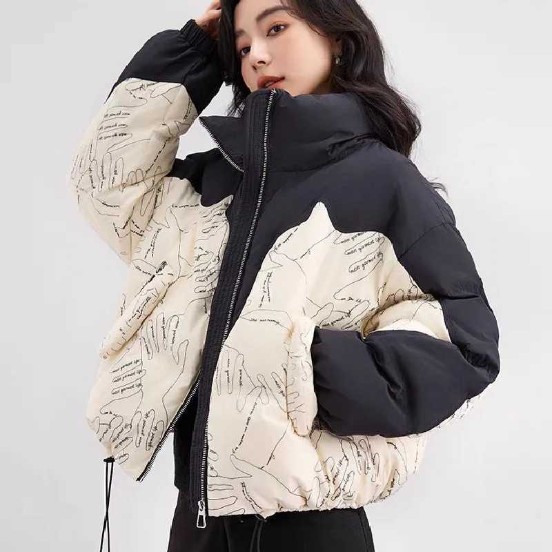 Women's Down Parkas Womens Short Down Jacket with Stand-up Collar White Duck Down Thick Warm Color Collision Printed Coats Casual Winter Parka Y2