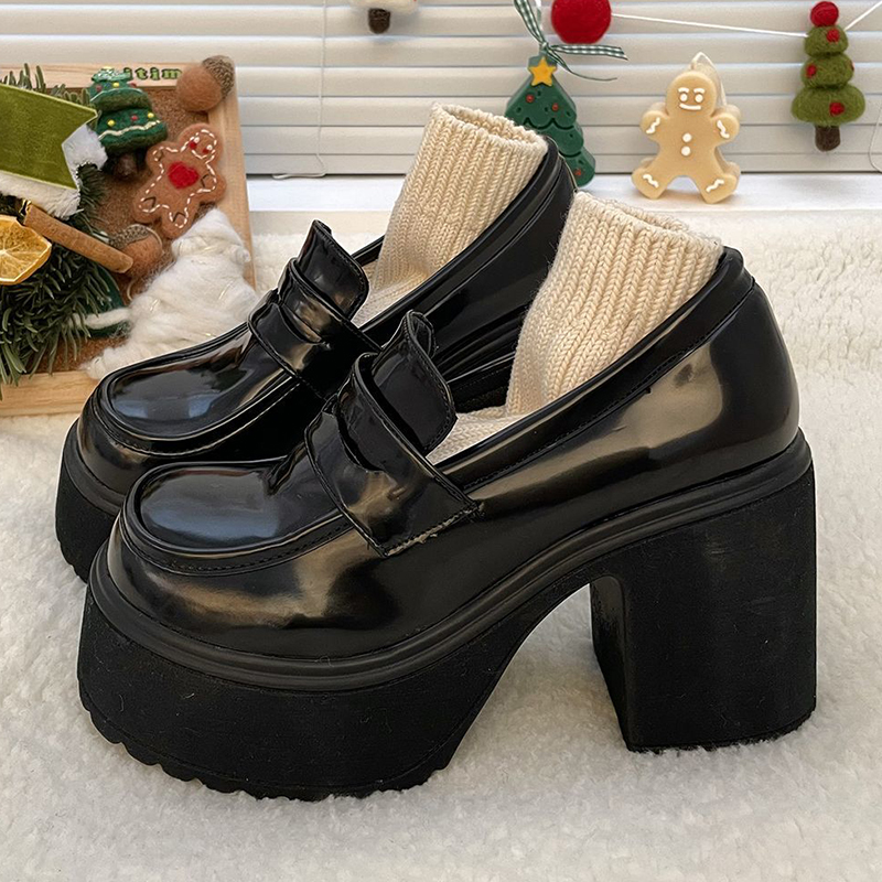 Gothic Chunky High Heels Pumps for Women 2024 Spring Patent Leather Platform Loafers Woman Black Thick Heeled Jk Lolita Shoes