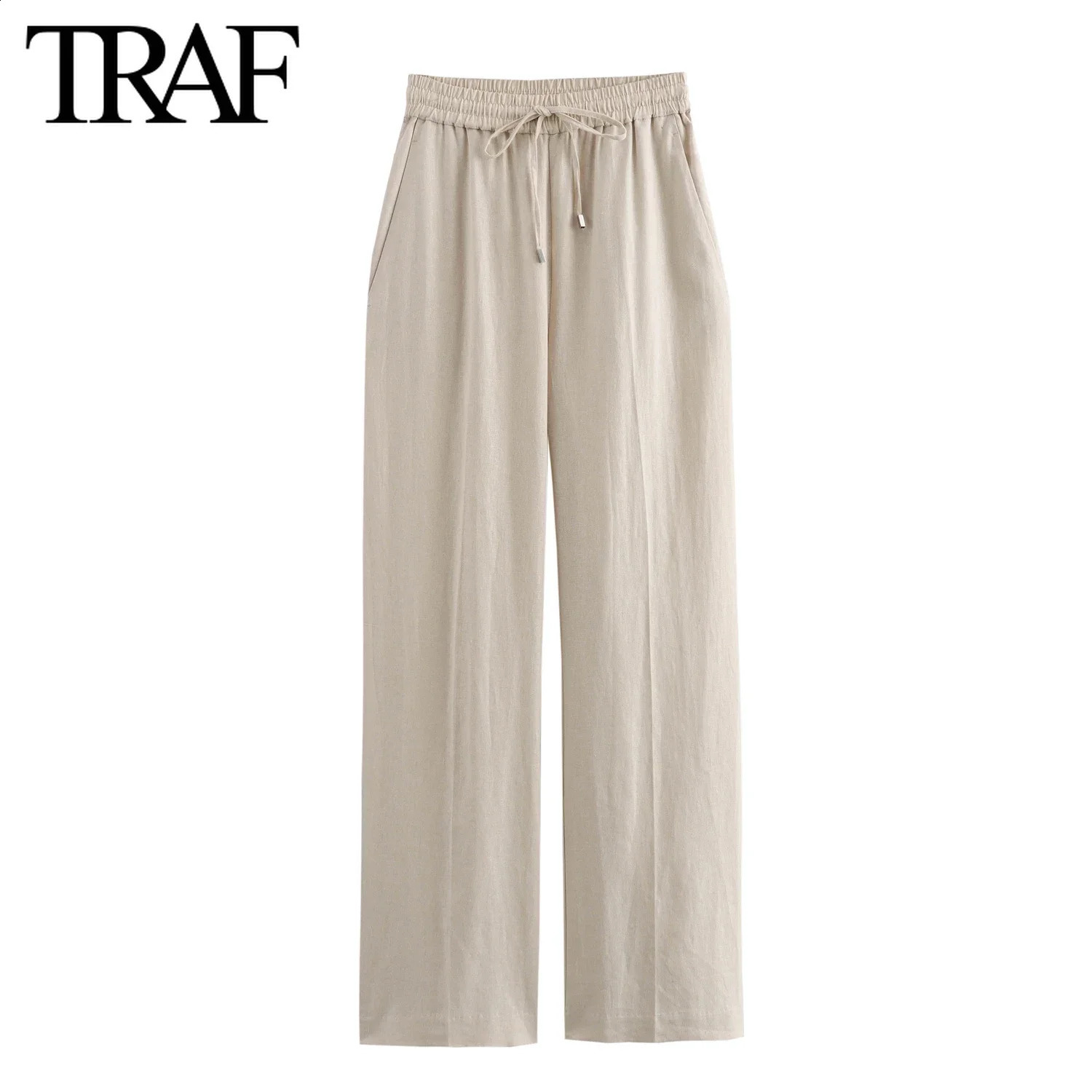 TRAF Women Fashion Spring Summer Lace-up Linen Blended Straight Pants Pocket Office Lady Chic High Waist Trousers Mujer 240829