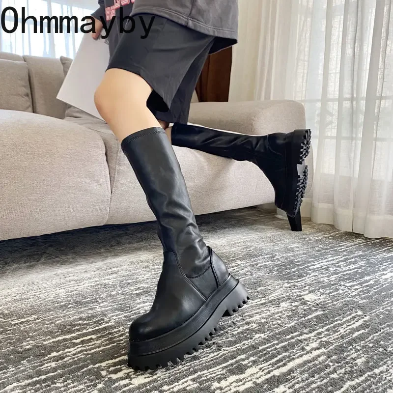 2024 Winter Chunky Platform Heels Long Boots Round Toe Zipper Thick Sole Ladies Fashion Winter Women's Knee High Boots