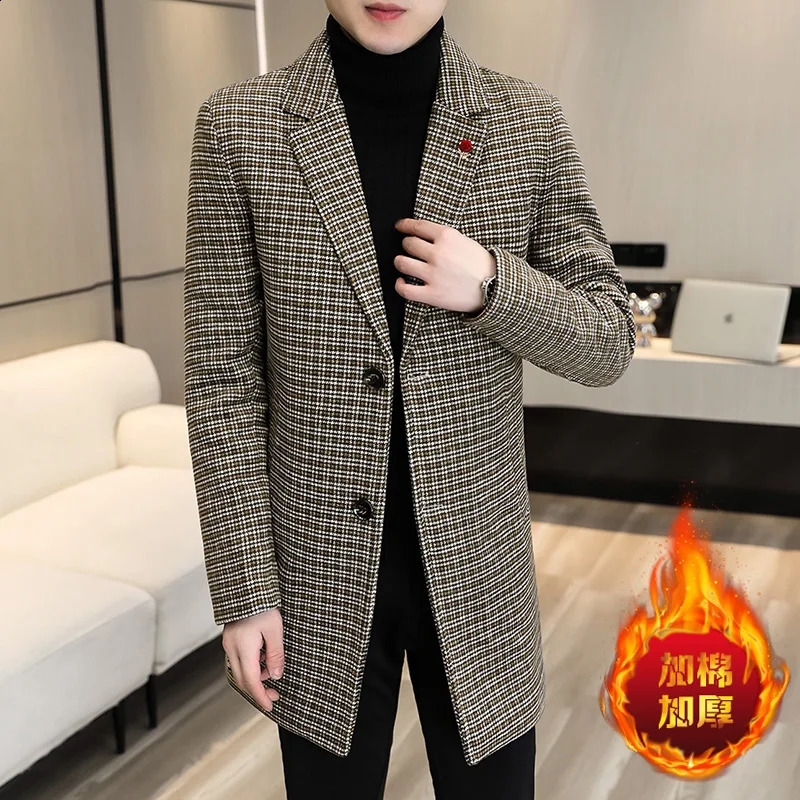 autumn and winter mens wool jacket long and thick coat slim fit casual business wool blend coat street mens clothing 240829