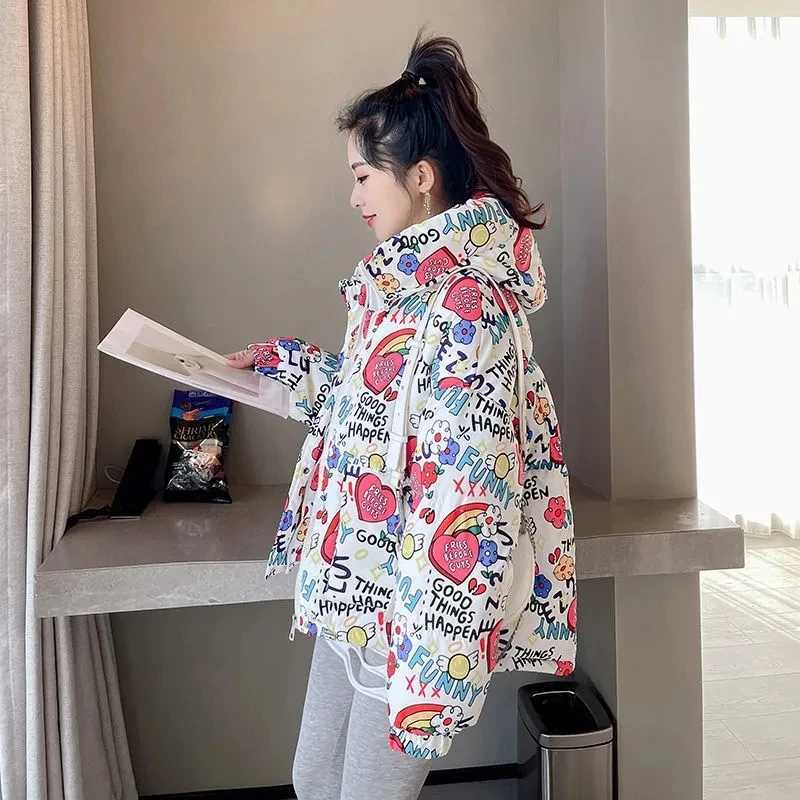Womens Down Parkas Winter new down cotton jacket womens short sleeved printed loose hooded cotton jacket womens fashionable fully matched casual park 