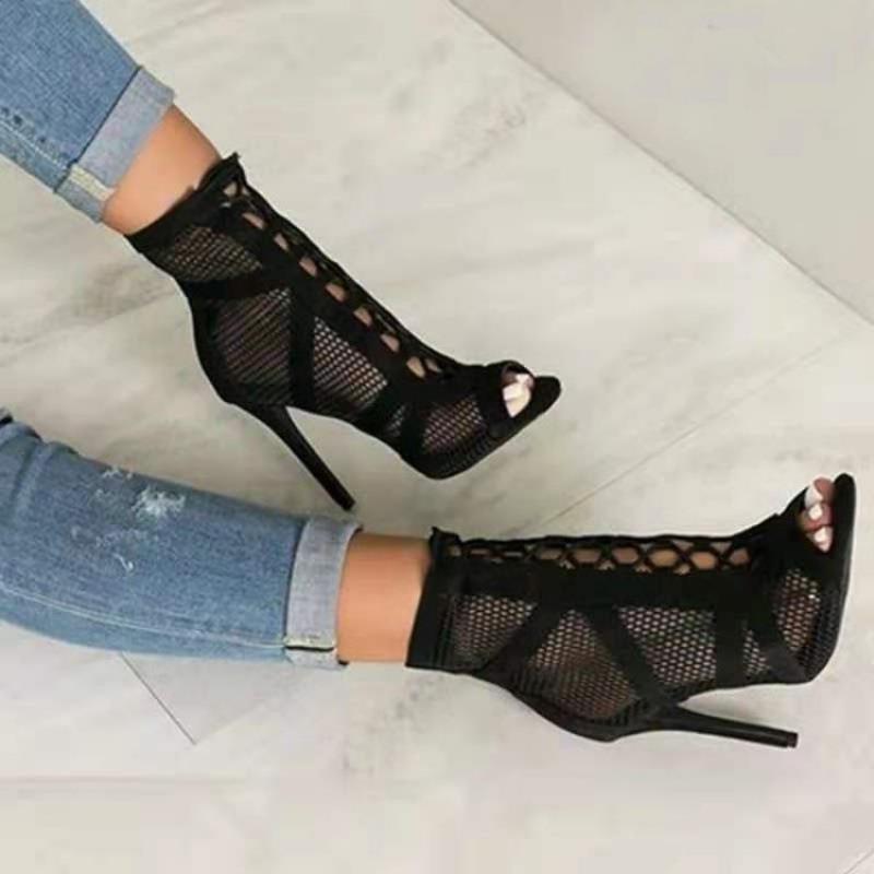 New Fashion show Black Net Fabric Cross strap Sexy high heel Woman shoes Pumps Lace-up Peep Toe Sandals Casual Mesh 4 e5403