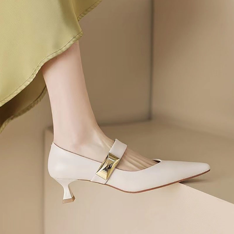 New Women's Mary Janes Shoes Pointed Toe Pumps Mid Heels Dress Shoes Metal Boat Shoes Zapatos Mujer Elegant Office Lady 1285N