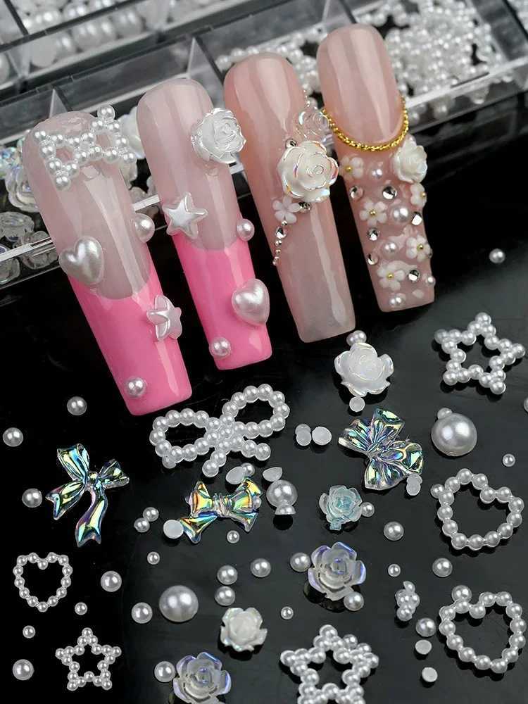 12 Grid Resin 3D Nail Art Charm Camellia Rose Heart Star Pearl Accessories DIY Bow Decoration Box W240829