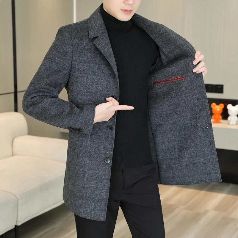 Classic mens gray striped wool coat autumn and winter business casual medium thick wool coat jacket warm and windproof 240829