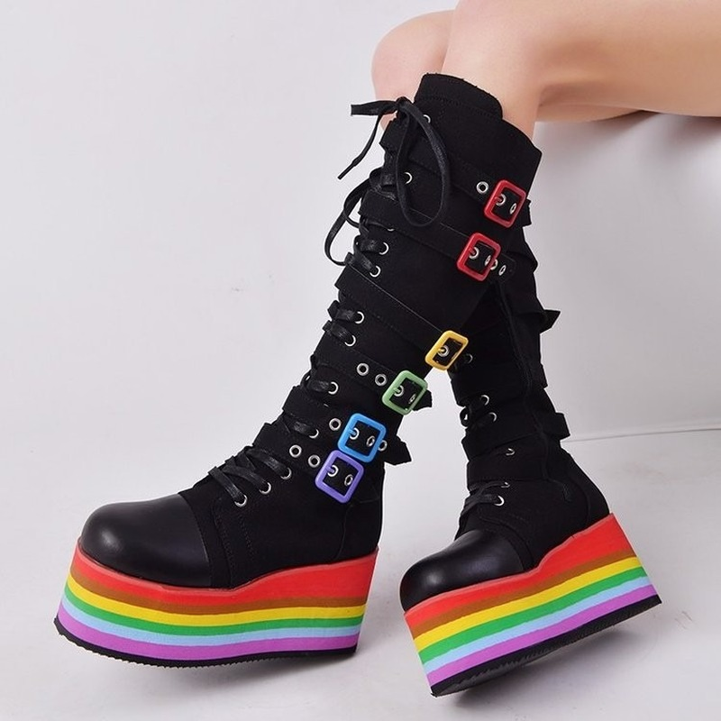 High Boot Knee Women Fashion Novelties 2022 Rainbow Platform Cowboy Boots Designer Thick Sole Shoes Botas Altas Plataforma Mujer 0316 s