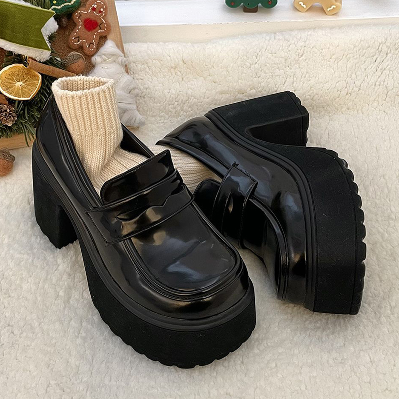 Gothic Chunky High Heels Pumps for Women 2024 Spring Patent Leather Platform Loafers Woman Black Thick Heeled Jk Lolita Shoes