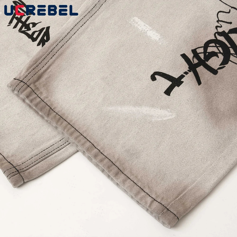 Letter Graffiti Dirty Wash Jeans Mens Pocket Y2k High Street Loose Straight Wide Leg Denim Pants Mens Trousers 240829