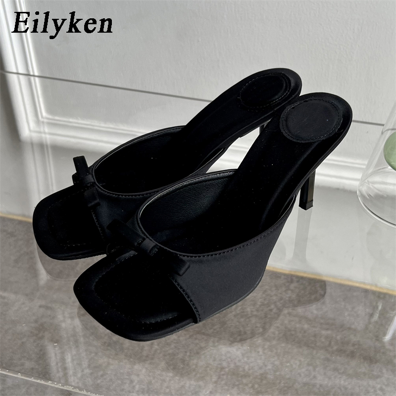 Eilyken Summer Fashion Butterfly-knot Satin Women Slipper Slip On Ladies Sandal Thin High Heel Outdoor Dress Slides Shoes