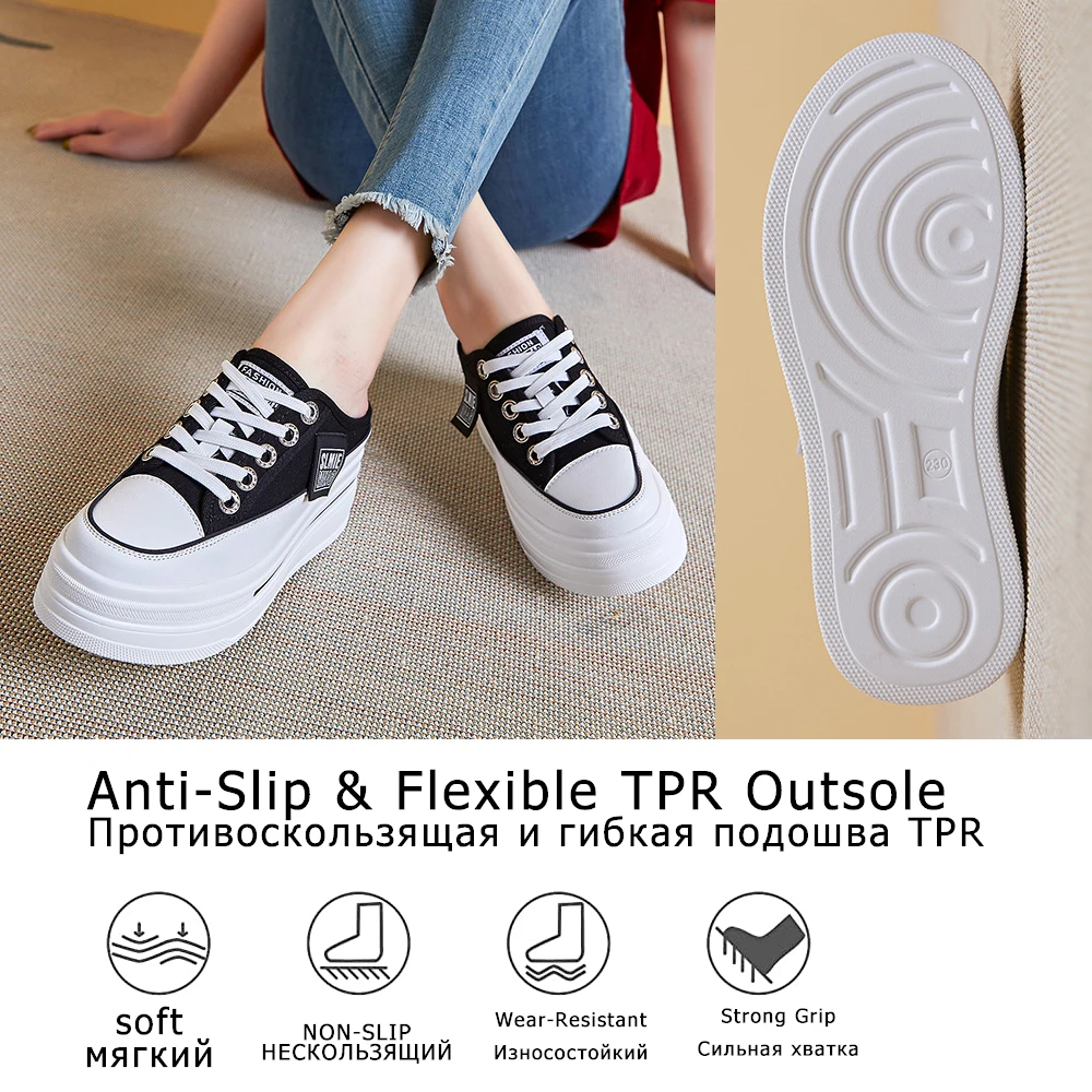 7.5cm Platform Fujin Denim Wedge Ladies Slippers Lace Up Chunky Sneaker Casual Comfy High Brand Breathable Summer Bao Toe Shoes