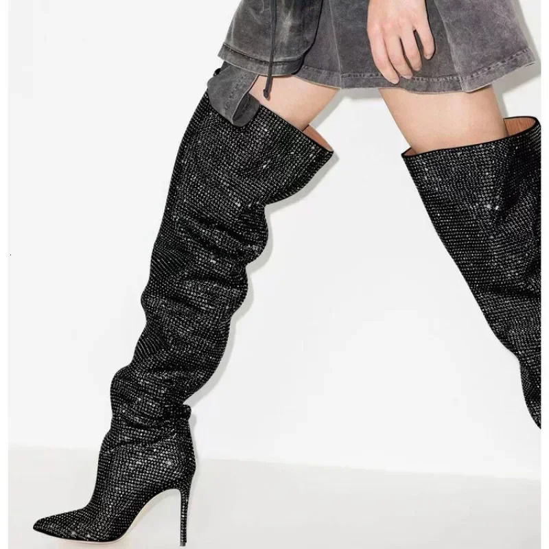 High Quality European And American Knee Length Rhie Pile For Women's Sexy Slim High Heeled Pointed Runway Boots