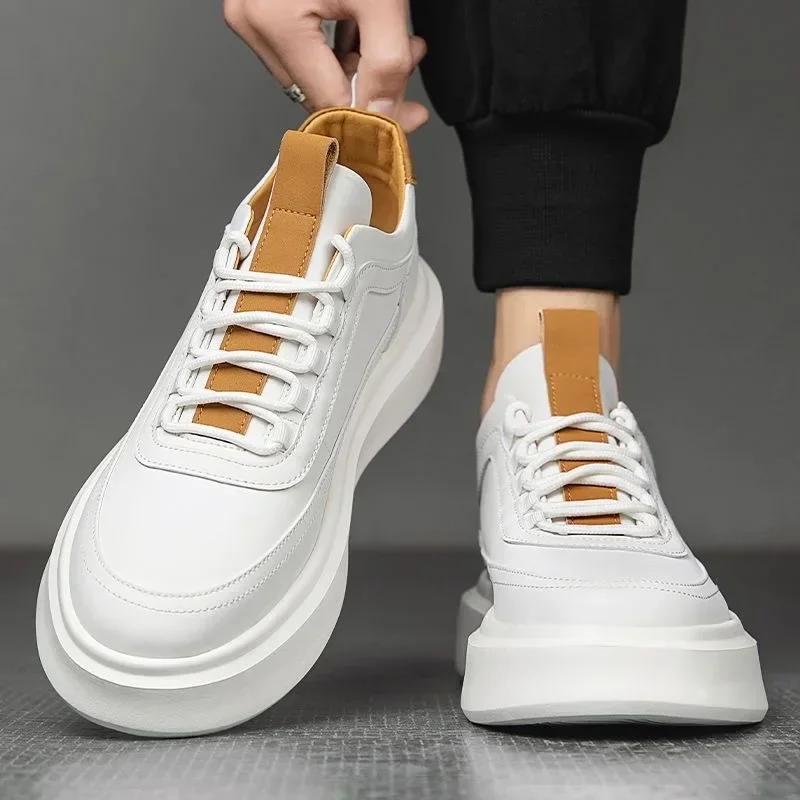 Men Thick Sole Shoes Flats Lace-Up Sneakers Men's Casual Lightweight Breathable Men White Business Travel Tenis Masculino