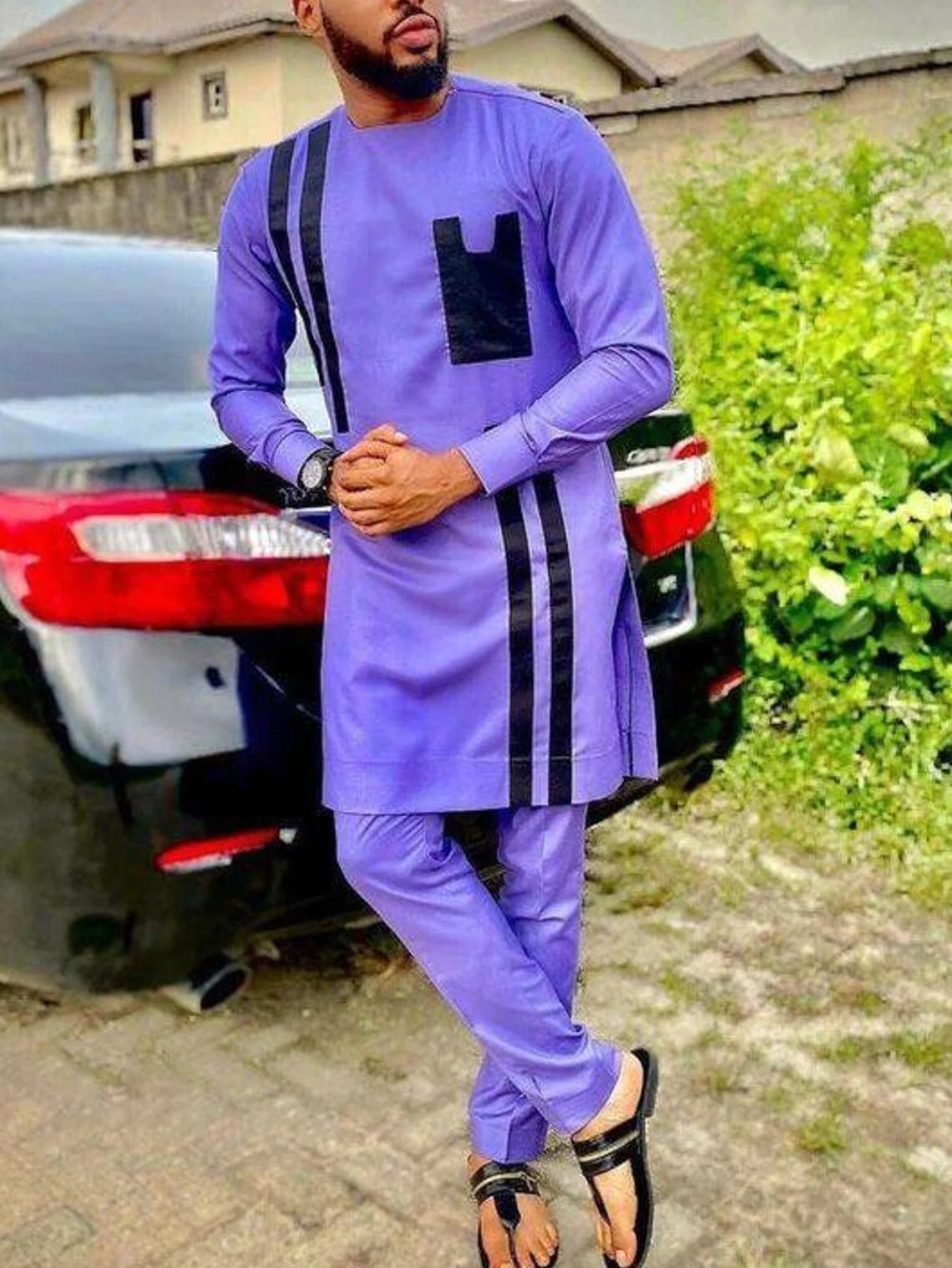 Bazin Riche Men 2 Pieces Pants Sets African Design Clothing African Clothes Casual Men Long Top Shirts and Pants Sets WYN684
