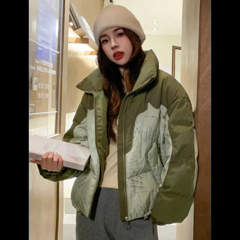 Women's Down Parkas Womens Short Down Jacket with Stand-up Collar White Duck Down Thick Warm Color Collision Printed Coats Casual Winter Parka Y2
