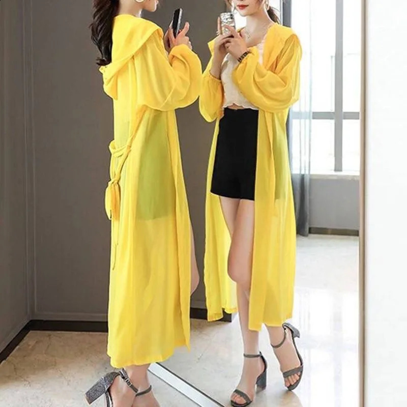 Summer Sun Protection Clothing Women Hooded Cardigan Female Chiffon Sunscreen Shirt Long Coat Ladies Shawl Outerwear 240819