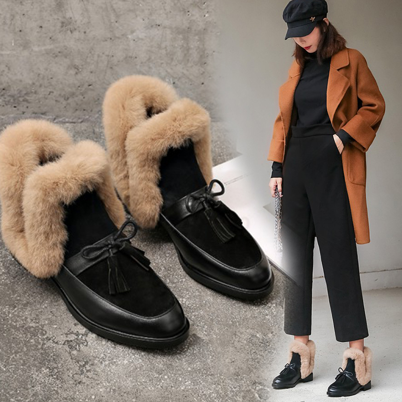 winter 2020 ankle round toe low heel short plush warm women boots bowknot genuine leather women's shoes d4c1 's
