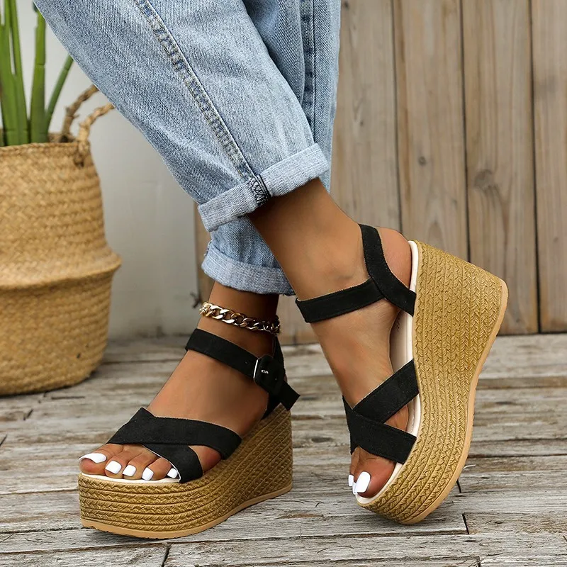 Wedge Sandals Fashion for Summer 2024 New Casual Non-slip Peep Toe Platform Shoes Rubber Sole Buckle Elegant Heels Women 9240 Platm