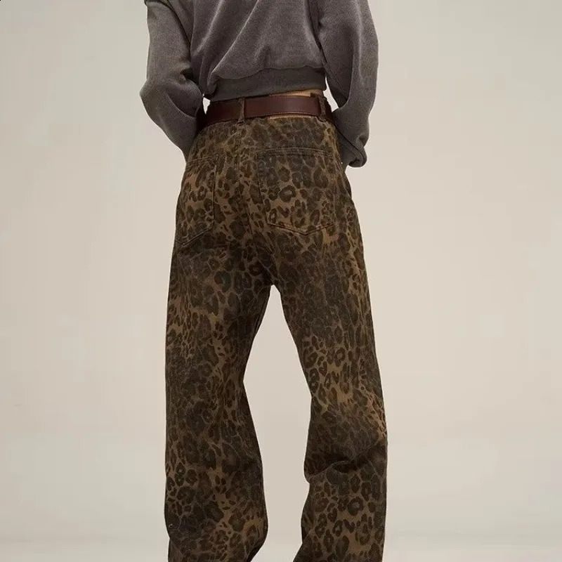 Leopard Print Womens Wide Leg Pants Unique Style Y2k Jeans 240827
