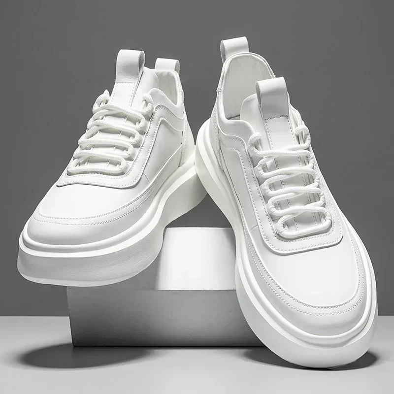 Men Thick Sole Shoes Flats Lace-Up Sneakers Men's Casual Lightweight Breathable Men White Business Travel Tenis Masculino