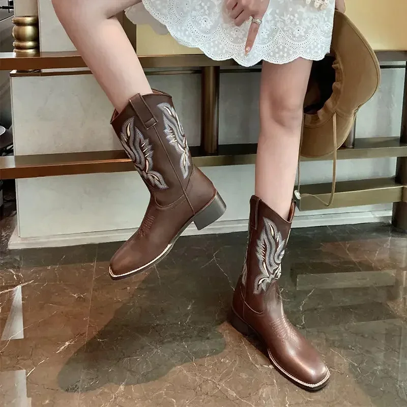 Women Retro Mid Calf Western Cowboy Motorcycle Female Autumn Embroidered Square Toe Chunky Heel Fashion Design Brown Boots f63e