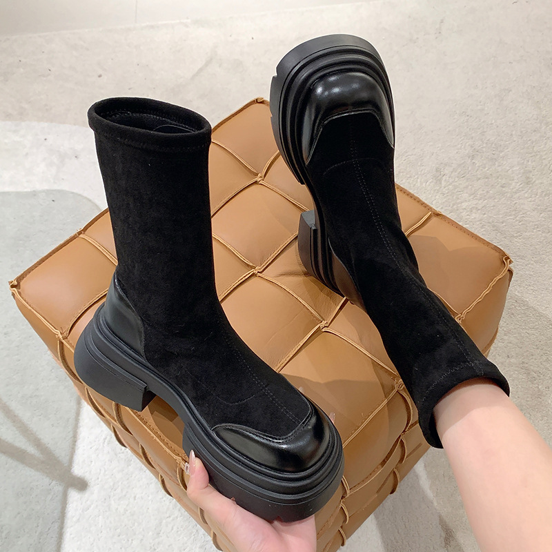 Women Fashion Stretch Patchwork Platform Ankle Boots Women Autumn Thick Sole Slip on Sock Boots Woman Chunky Heels Botas Mujer