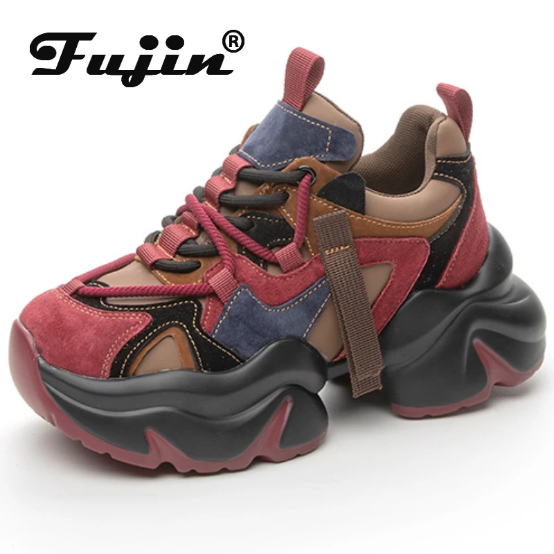 Fujin 5.5cm Suede Genuine Leather Chunky Sneakers Spring Autumn Contoured Vulcanize Women Casual Platform Wedge Fashion Shoes