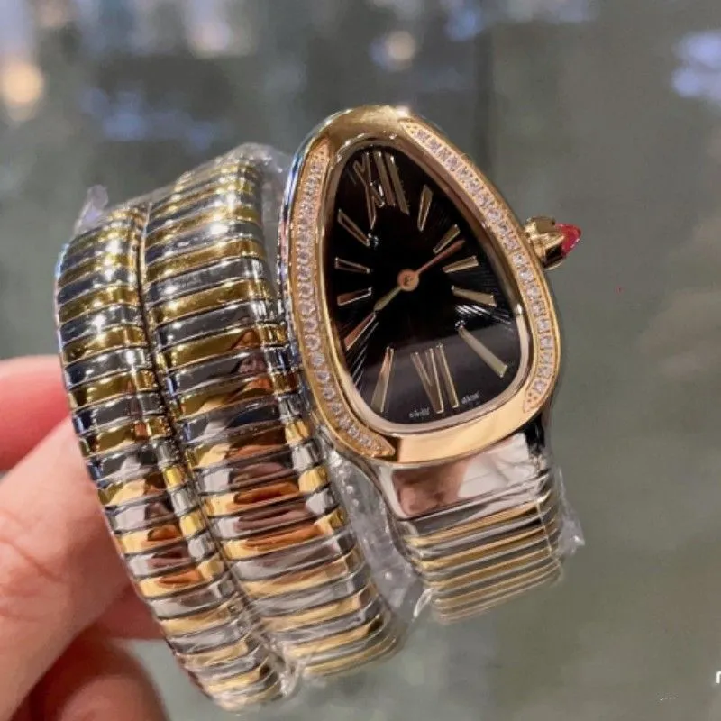 New 33mm luxury women's quartz watch stainless steel gold dial waterproof personality snake diamond Mosan girls watch