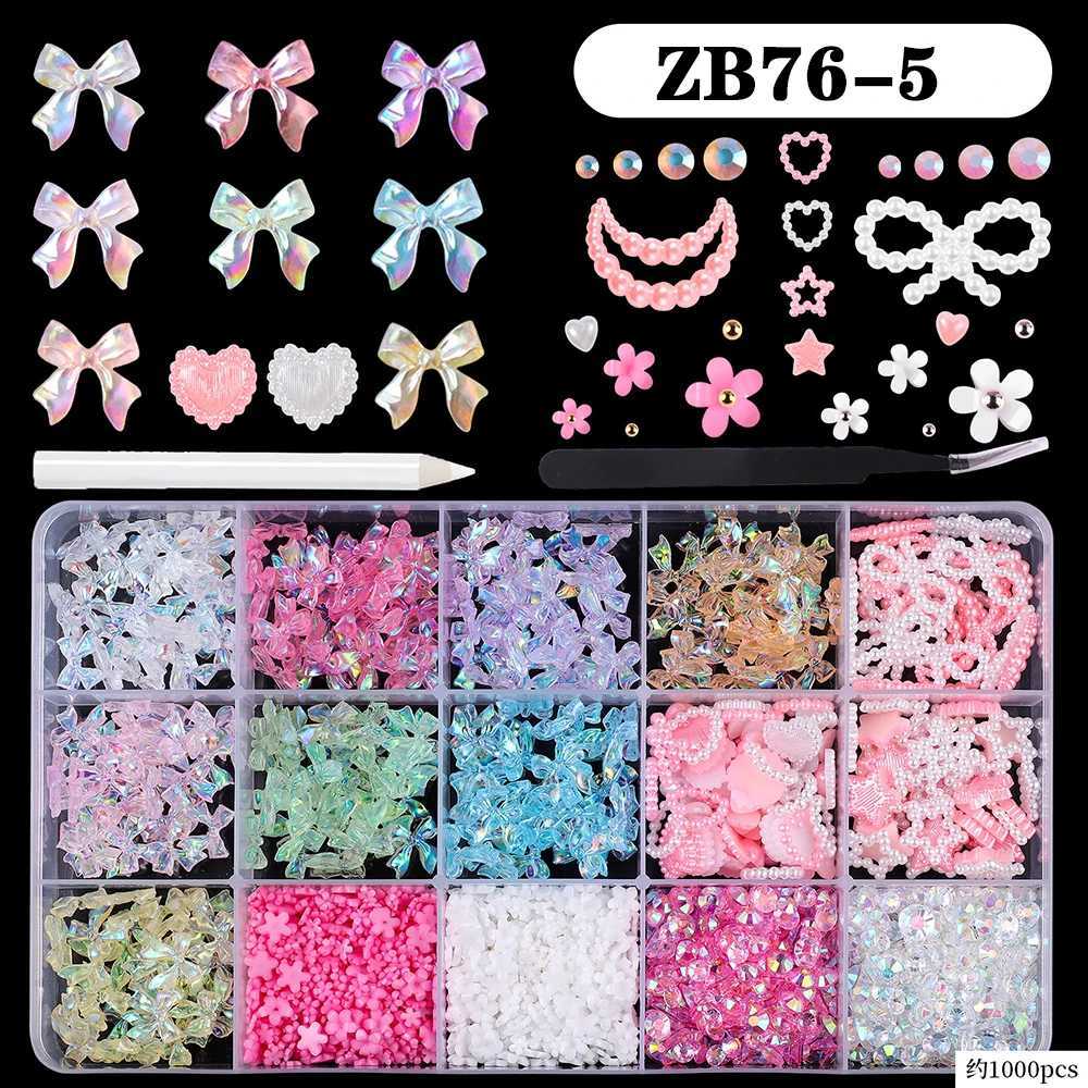 24 Grid 3D Color Acrylic Flower Nail Art Rhinestone Set Mixed Caviar Beads Cherry Blossom Spring Gemstone Acrylic Petal Nail Charm W240829