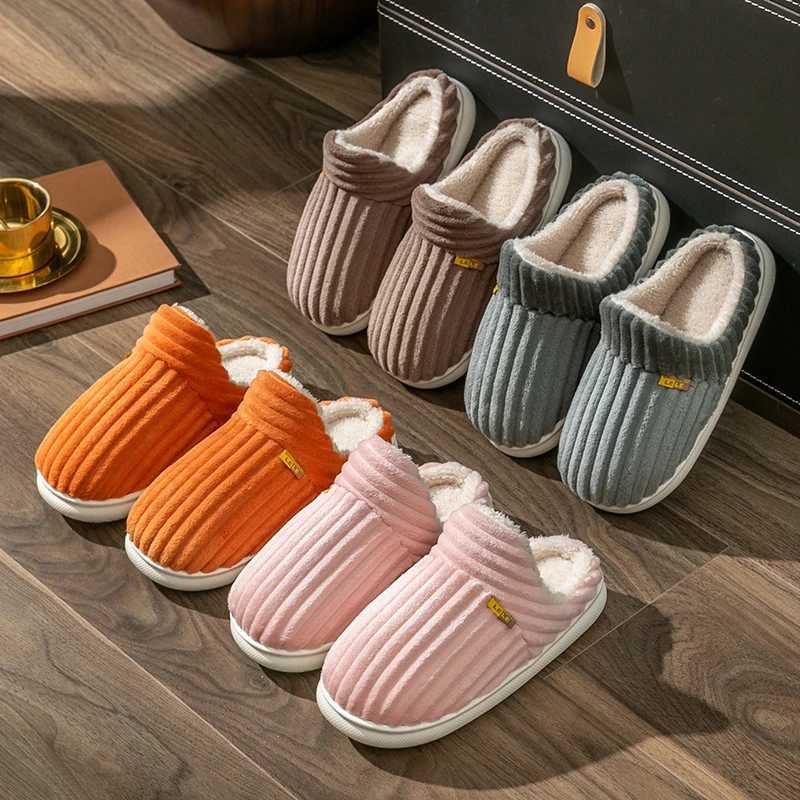 Winter couple style comfortable striped Plus womens non slip soft flip cover womens flat casual cotton shoesCL241017