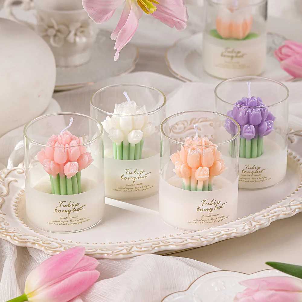 1 Piece Of Tulip Flower Scented Candle Exquisite And Beautiful Atmosphere Scented Candle Cup Suitable For Living RoomXJ240830