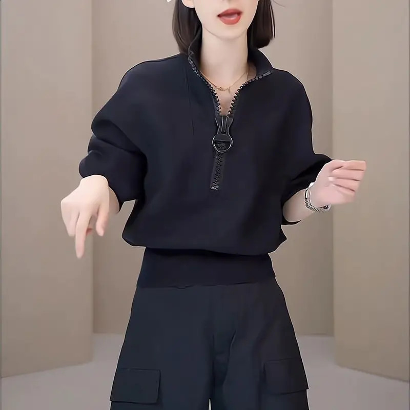 Autumn and Winter Womens Solid Color Loose Stand up Collar Zipper Sweater Fashion Casual Edition Long Sleeve Top 240827