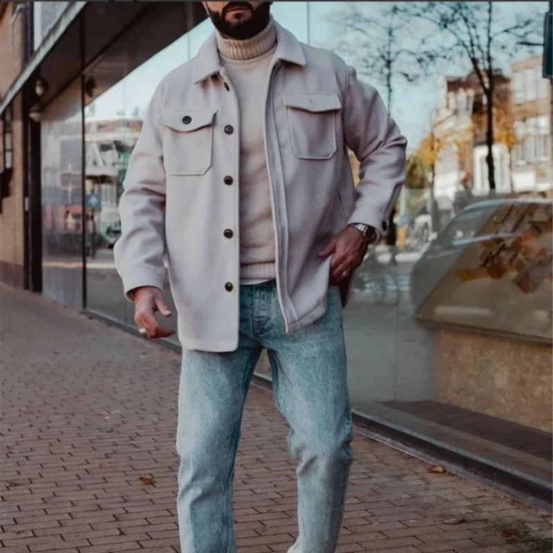 Mens jacket autumn winter youth casual wool coat long sleeved single chest pocket jacket cardigan mens top 240829