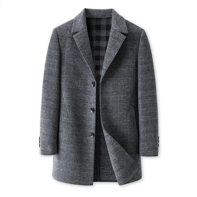 Classic mens gray striped wool coat autumn and winter business casual medium thick wool coat jacket warm and windproof 240829