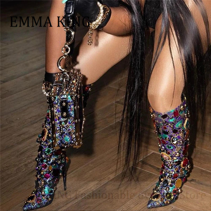 Women Gemstoneembellished Kneeheight Boots Sexy Pointed Toe Stiletto Heel New Botines Mujer Ladies Runway Party Shoes 240828