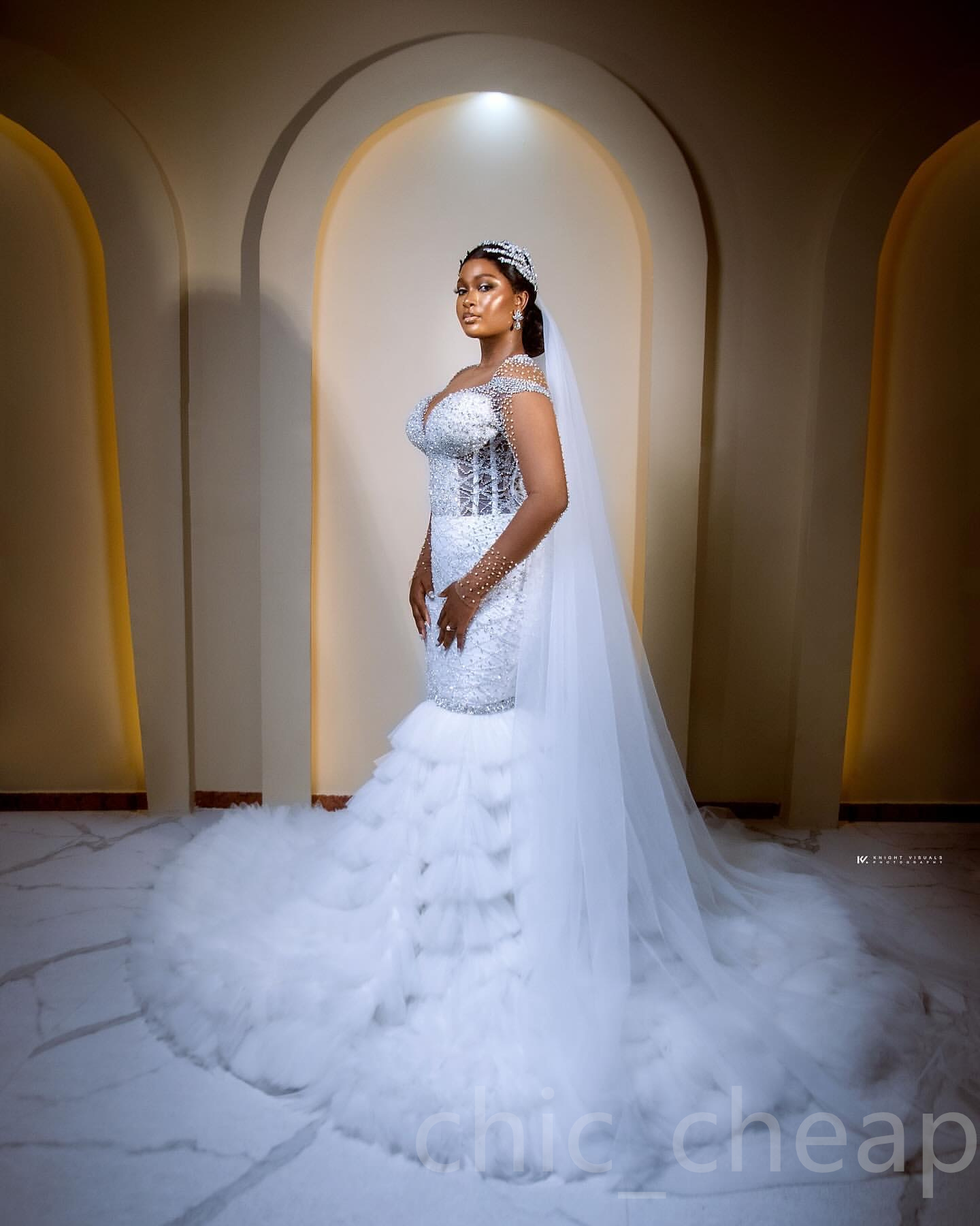 2024 Arabic Aso Ebi Plus Size Ivory Mermaid Wedding Dresses Beaded Sheer Neck Beaded Detachable Train Bridal Gowns Dress vestidos de novia ZJ515