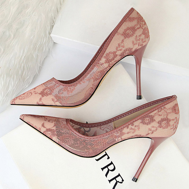 BIGTREE Shoes Mesh Hollow Lace Woman Pumps 2024 Spring Women Heels Sexy Party Shoes Thin Stiletto Heels Women Shoes 6 Colour