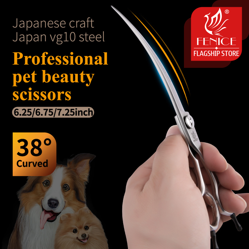Fenice JP VG10 Steel 6.25 6.75 7.25 inch 38°Curved Blade Pet Dog Grooming Scissors Shears Pet Curved Scissors Dogs Products
