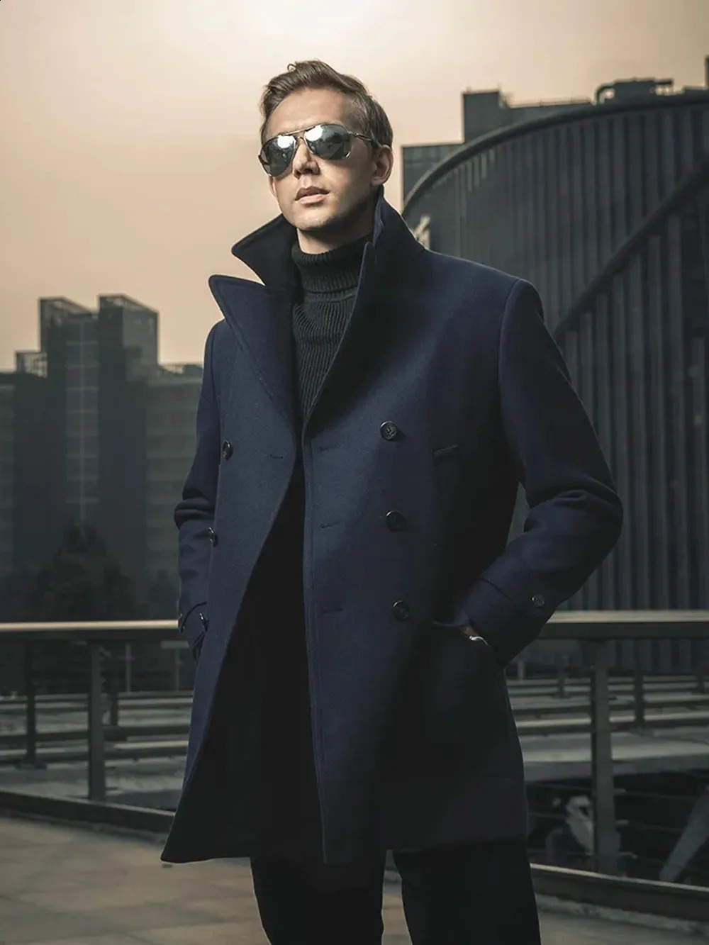 American retro navy blue wool mens slim fit jacket medium length business casual windproof jacket 240829