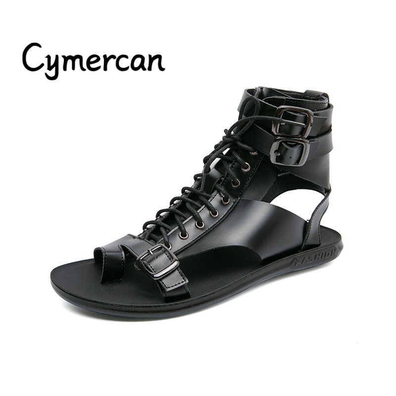 Summer Luxury Brand Men Casual shoes New Outdoor High Top Men Sandals Fashion ROMAN Beach Sandals Black Leather Designer shoes