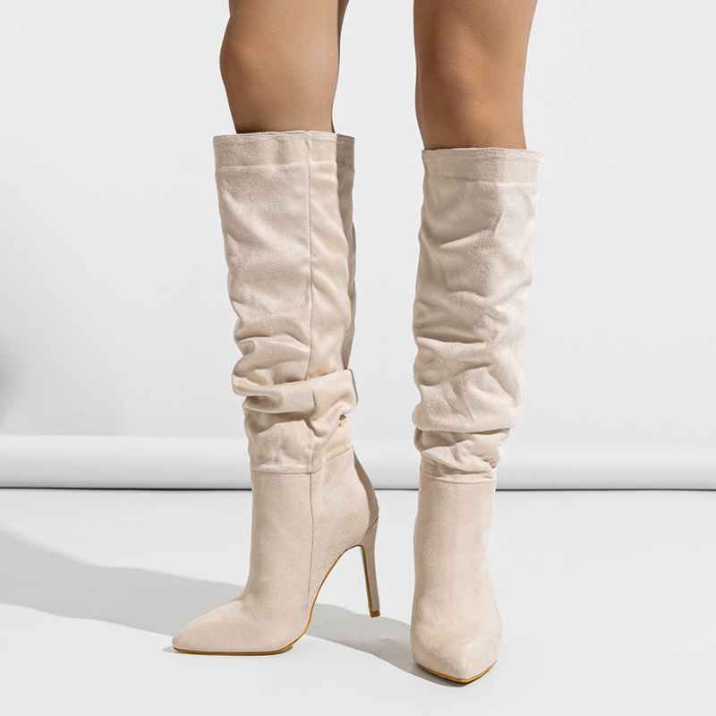 Liyke Fashion Design Pleated Knee Boots Women Sexy Pointed Toe Party Stripper High Heels Autumn Winter Motorcycle Shoes